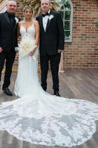 Vintage Column Tulle Lace Spaghetti Straps Sleeveless White Wedding Dress With Appliques Train by misshow.com