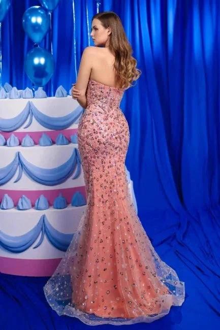 Vintage Column Tulle Satin V-Neck Sleeveless Prom Dresses With Appliques Split by misshow.com