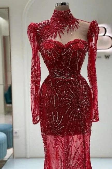Vintage Column Tulle Sweetheart Long Sleeve Red Prom Dress With Appliques by misshow.com