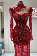 Vintage Column Tulle Sweetheart Long Sleeve Red Prom Dress With Appliques by misshow.com