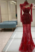 Vintage Column Tulle Sweetheart Long Sleeve Red Prom Dress With Appliques by misshow.com