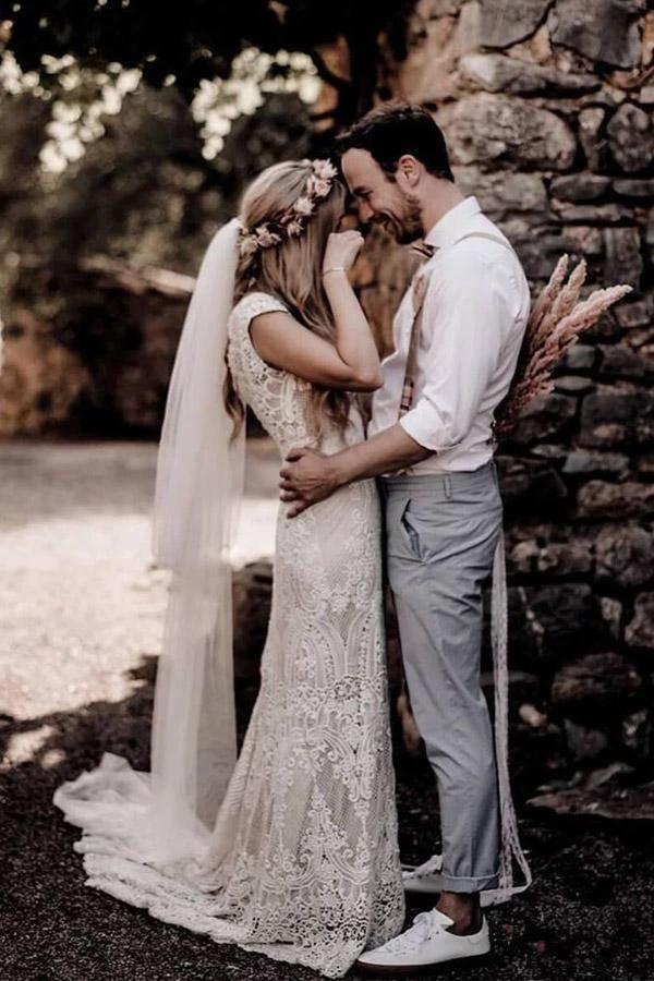 Vintage Lace Rustic Wedding Dresses Cap Sleeve Boho Wedding Gowns WD548 by pgmdress