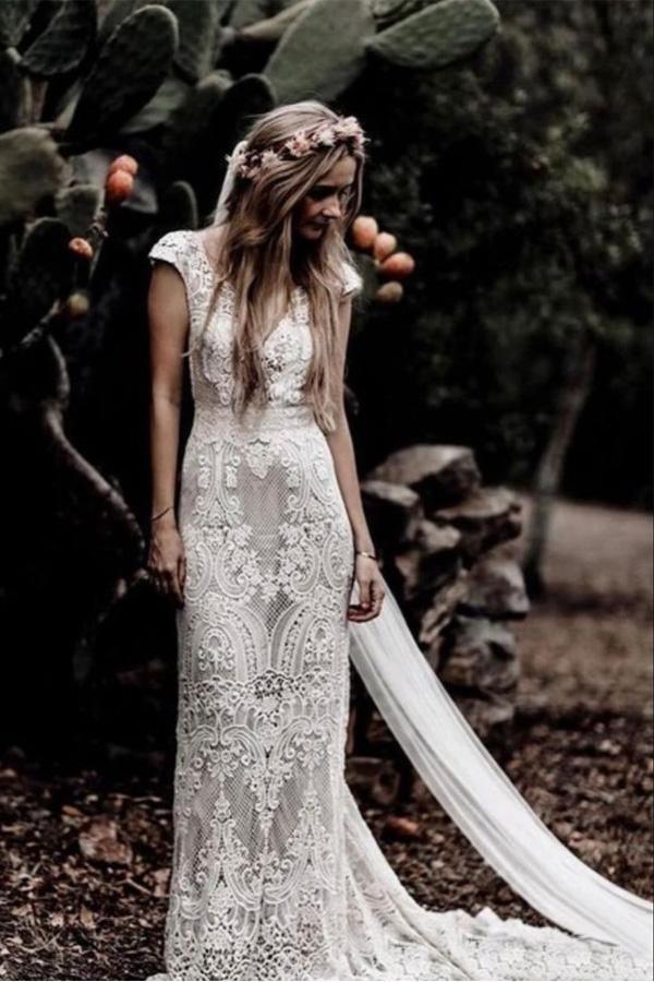 Vintage Lace Rustic Wedding Dresses Cap Sleeve Boho Wedding Gowns WD548 Hover Image