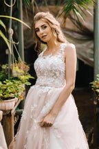 Vintage Lace Scoop Neckline A Line Tulle Wedding Bridal Dress WD531 by pgmdress