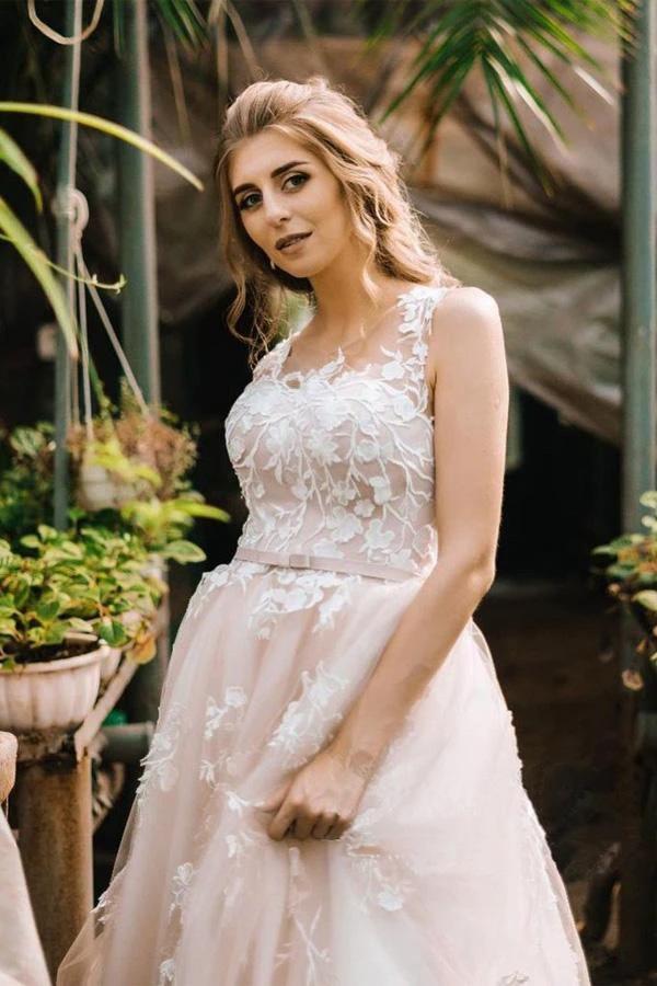 Vintage Lace Scoop Neckline A Line Tulle Wedding Bridal Dress WD531 by pgmdress