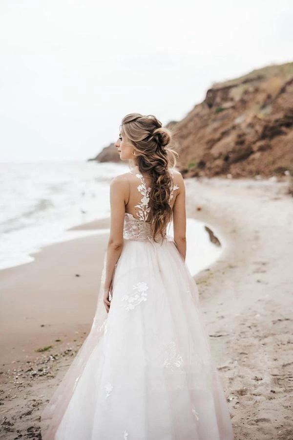 Vintage Lace Scoop Neckline A Line Tulle Wedding Bridal Dress WD531 by pgmdress