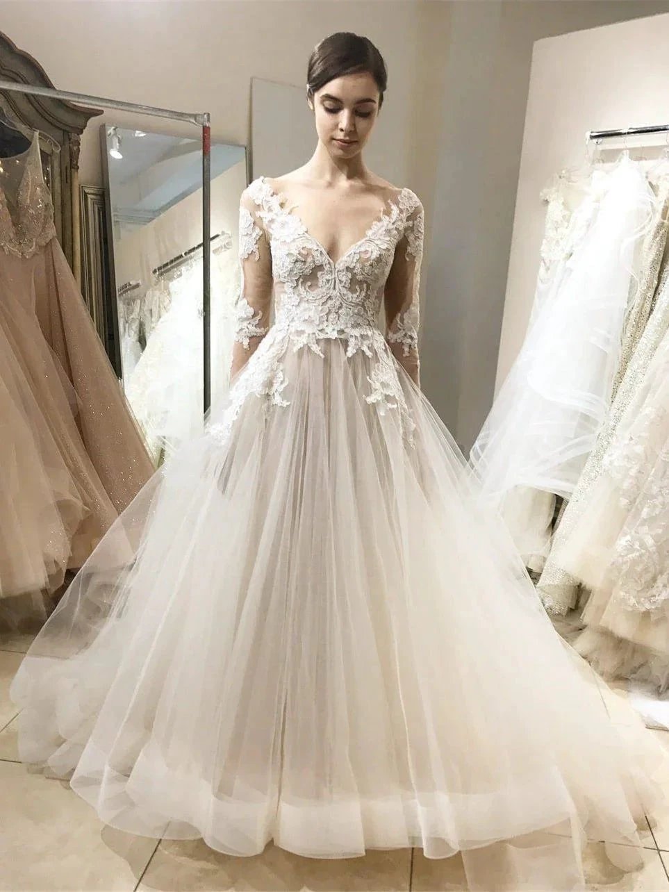 Vintage Lace Wedding Dresses Ball Gown with Long Sleeves WD320 by pgmdress