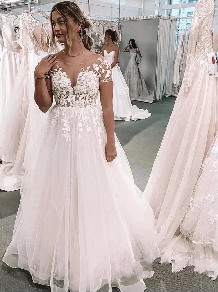 Vintage Long A-Line Bateau Appliques Lace Tulle Wedding Dress with Sleeves by BIZTUNNEL