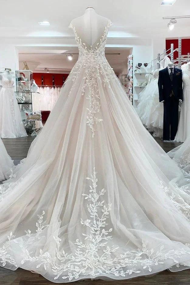 Vintage Long A-line Jewel Tulle Ruffles Wedding Dress with Lace Appliques by BIZTUNNEL