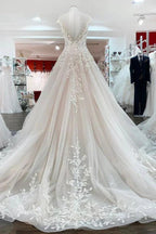 Vintage Long A-line Jewel Tulle Ruffles Wedding Dress with Lace Appliques by BIZTUNNEL