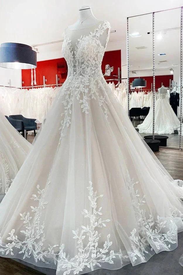 Vintage Long A-line Jewel Tulle Ruffles Wedding Dress with Lace Appliques by BIZTUNNEL