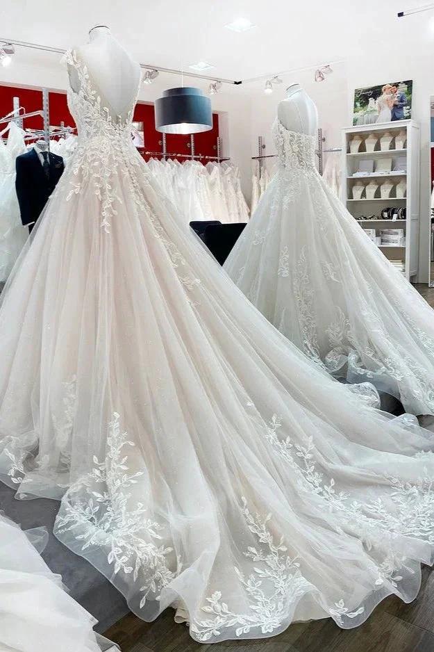 Vintage Long A-line Jewel Tulle Ruffles Wedding Dress with Lace Appliques by BIZTUNNEL