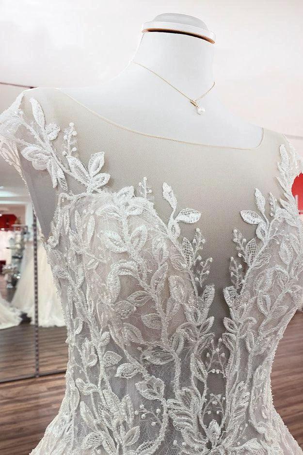 Vintage Long A-line Jewel Tulle Ruffles Wedding Dress with Lace Appliques by BIZTUNNEL