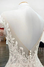 Vintage Long A-line Jewel Tulle Ruffles Wedding Dress with Lace Appliques by BIZTUNNEL