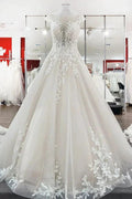 Vintage Long A-line Jewel Tulle Ruffles Wedding Dress with Lace Appliques by BIZTUNNEL