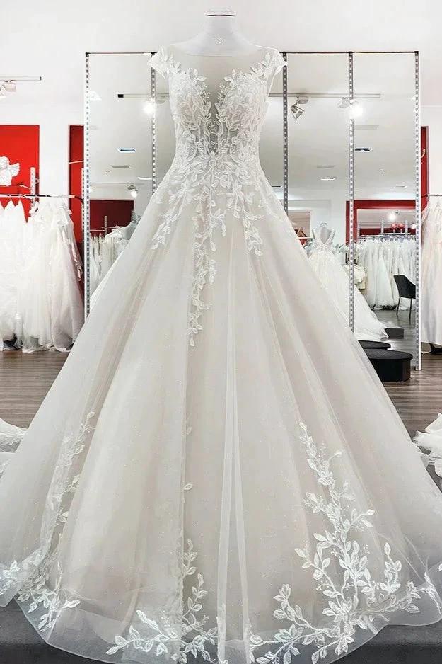 Vintage Long A-line Jewel Tulle Ruffles Wedding Dress with Lace Appliques by BIZTUNNEL