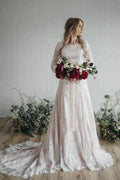 Vintage Long A Line Lace Wedding Dress with Sleeves by BIZTUNNEL