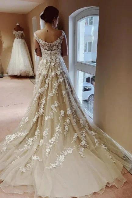 Vintage Long A-line Lace Wedding Dresses With Train by misshow.com
