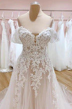 Vintage Long A-Line Off-the-Shoulder Sweetheart Backless Tulle Wedding Dress by BIZTUNNEL