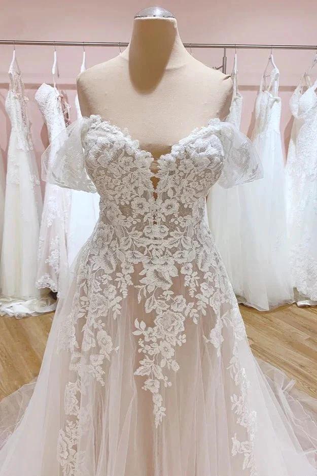Vintage Long A-Line Off-the-Shoulder Sweetheart Backless Tulle Wedding Dress by BIZTUNNEL