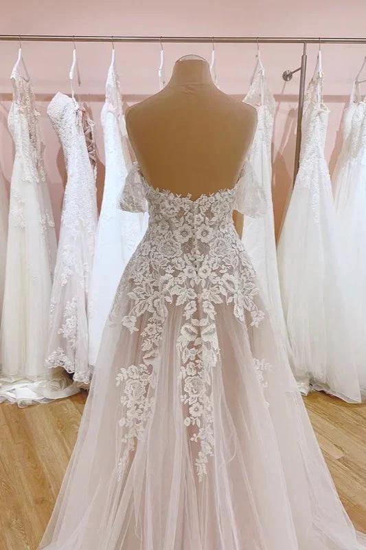 Vintage Long A-Line Off-the-Shoulder Sweetheart Backless Tulle Wedding Dress by BIZTUNNEL