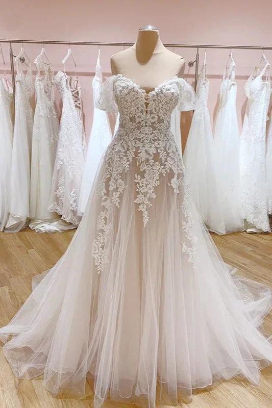 Vintage Long A-Line Off-the-Shoulder Sweetheart Backless Tulle Wedding Dress by BIZTUNNEL