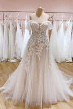Vintage Long A-Line Off-the-Shoulder Sweetheart Backless Tulle Wedding Dress by BIZTUNNEL