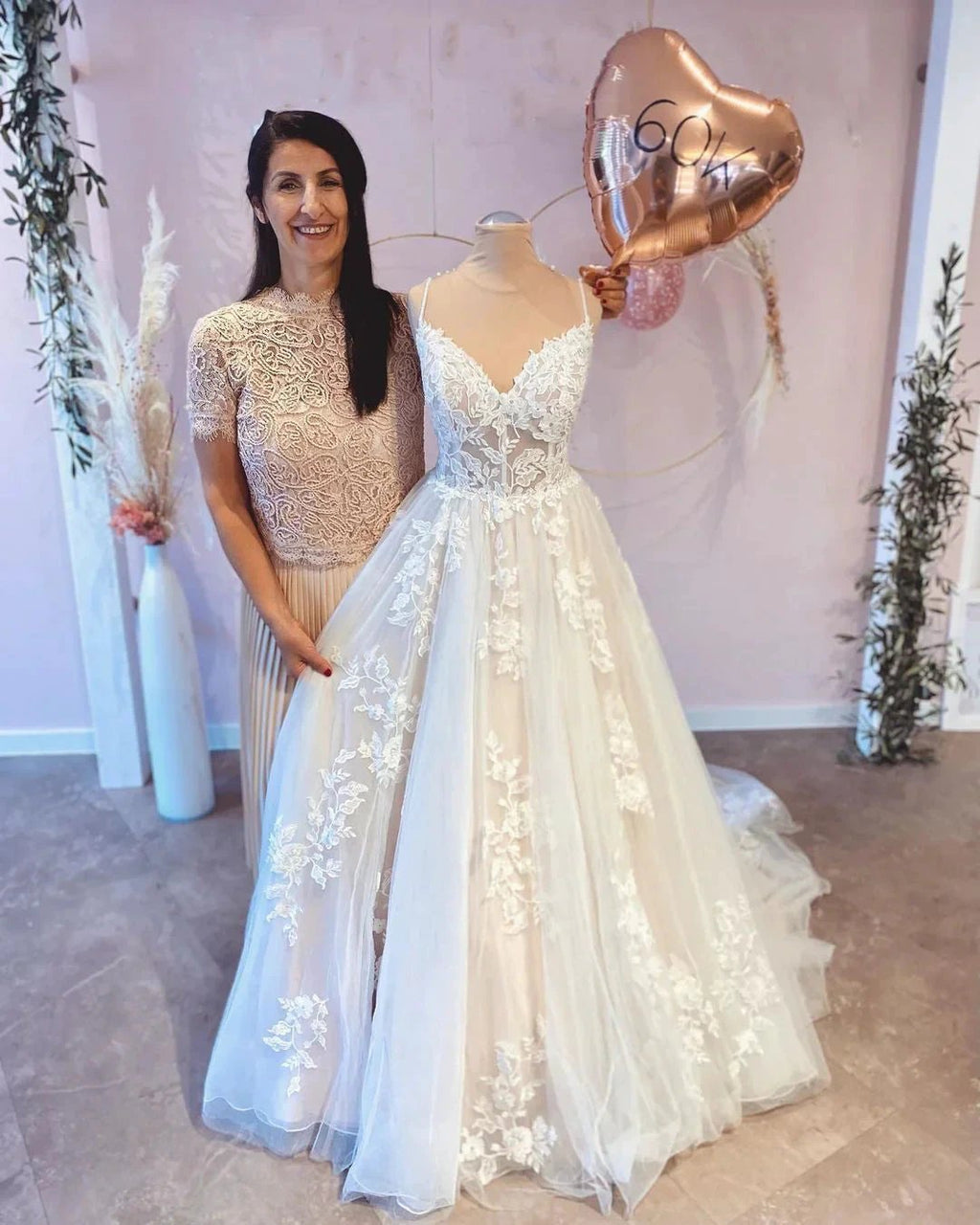 Vintage Long A-Line Spaghetti Straps Appliques Lace Wedding Dress With Train by BIZTUNNEL