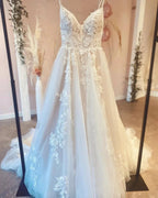 Vintage Long A-Line Spaghetti Straps Appliques Lace Wedding Dress With Train by BIZTUNNEL