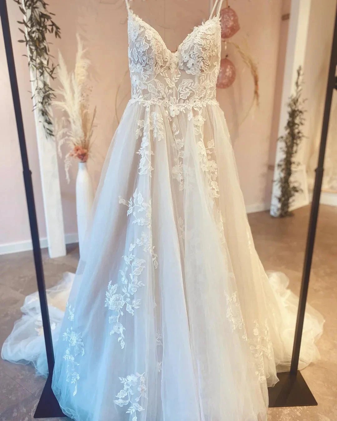 Vintage Long A-Line Spaghetti Straps Appliques Lace Wedding Dress With Train by BIZTUNNEL