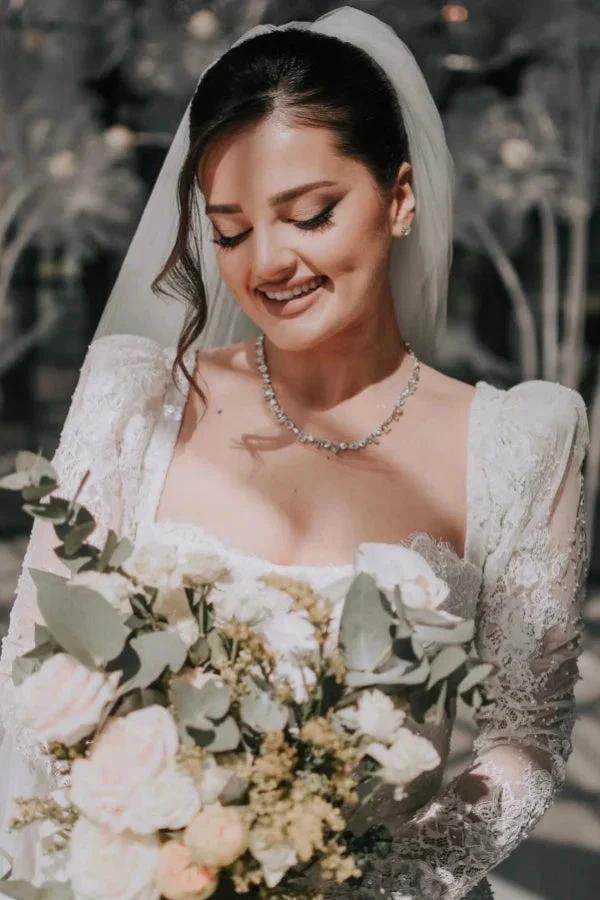 Vintage Long A-line Square Neck Lace Wedding Dress with Long Sleeves by misshow.com