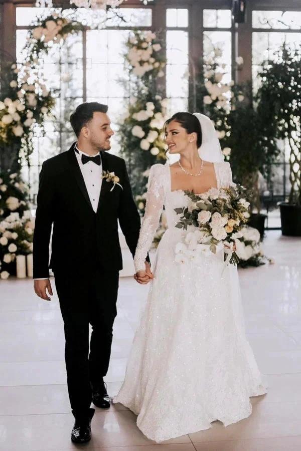 Vintage Long A-line Square Neck Lace Wedding Dress with Long Sleeves by misshow.com