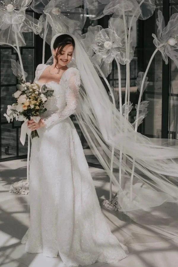 Vintage Long A-line Square Neck Lace Wedding Dress with Long Sleeves by misshow.com