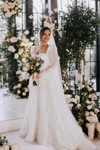 Vintage Long A-line Square Neck Lace Wedding Dress with Long Sleeves by misshow.com