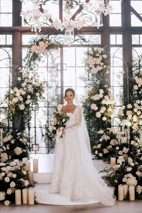 Vintage Long A-line Square Neck Lace Wedding Dress with Long Sleeves by misshow.com