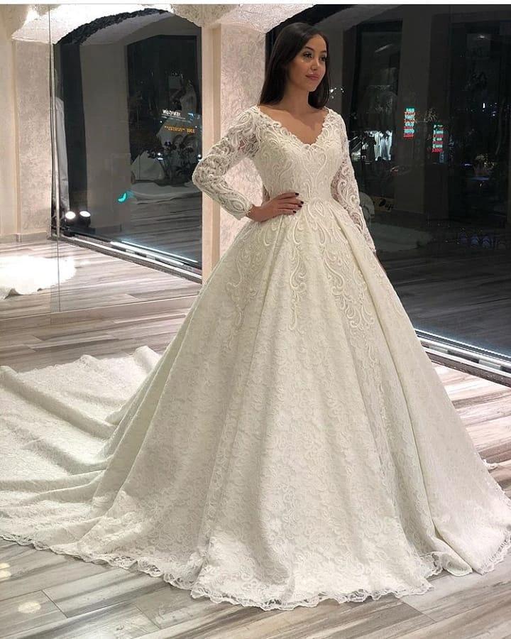 Vintage Long A-line V-neck Appliques Lace Wedding Dress with Sleeves by BIZTUNNEL