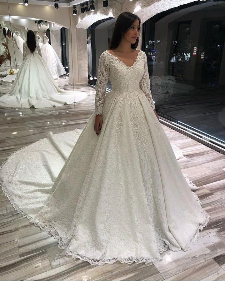 Vintage Long A-line V-neck Appliques Lace Wedding Dress with Sleeves by BIZTUNNEL