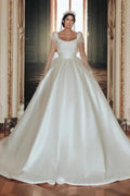 Vintage Long Ivory A-line Square Neck Satin Glitter Wedding Dress with Long Sleeves by misshow.com