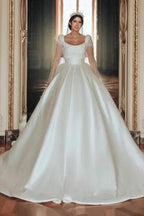 Vintage Long Ivory A-line Square Neck Satin Glitter Wedding Dress with Long Sleeves by misshow.com