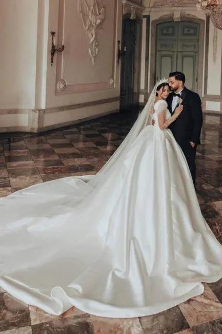 Vintage Long Ivory A-line Square Neck Satin Glitter Wedding Dress with Long Sleeves by misshow.com