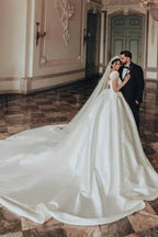 Vintage Long Ivory A-line Square Neck Satin Glitter Wedding Dress with Long Sleeves by misshow.com