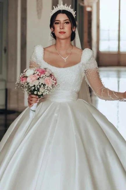 Vintage Long Ivory A-line Square Neck Satin Glitter Wedding Dress with Long Sleeves by misshow.com