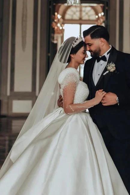 Vintage Long Ivory A-line Square Neck Satin Glitter Wedding Dress with Long Sleeves by misshow.com
