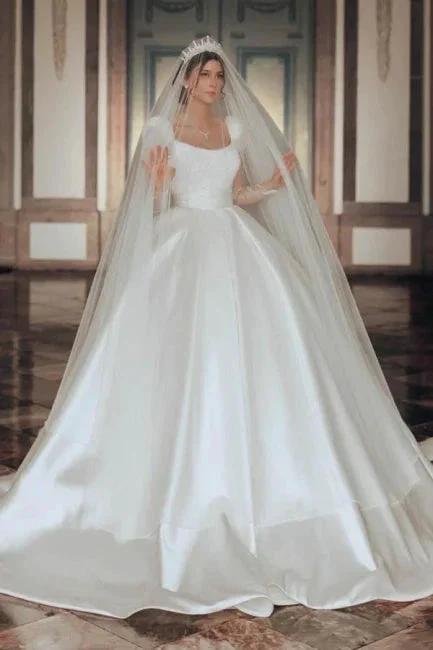 Vintage Long Ivory A-line Square Neck Satin Glitter Wedding Dress with Long Sleeves by misshow.com