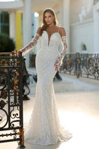 Vintage Long Ivory Mermaid Spaghetti Straps V-neck Lace Wedding Dress with Detachable Train by misshow.com