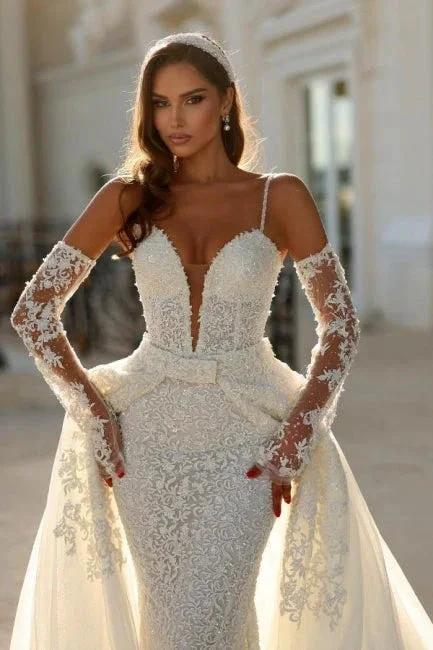 Vintage Long Ivory Mermaid Spaghetti Straps V-neck Lace Wedding Dress with Detachable Train by misshow.com