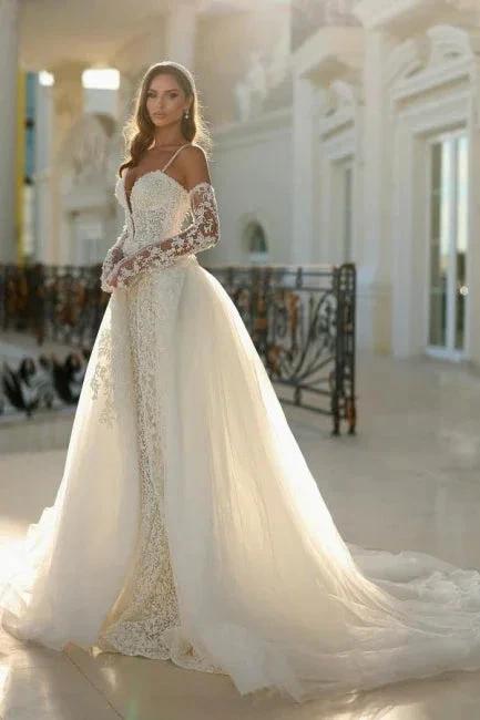 Vintage Long Ivory Mermaid Spaghetti Straps V-neck Lace Wedding Dress with Detachable Train by misshow.com