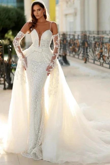 Vintage Long Ivory Mermaid Spaghetti Straps V-neck Lace Wedding Dress with Detachable Train by misshow.com