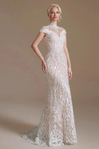 Vintage Long Mermaid High-neck Lace Wedding Dress with sleeves by BIZTUNNEL