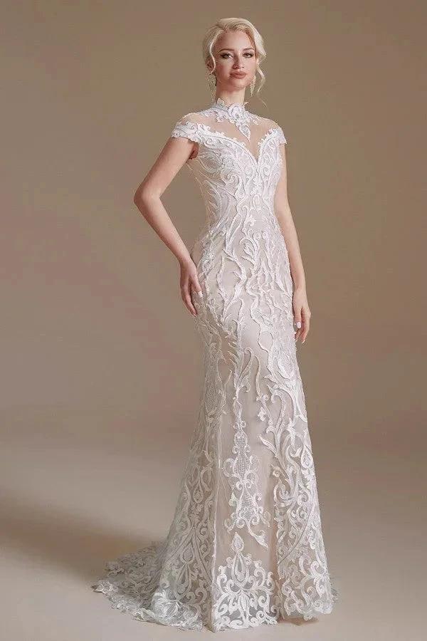 Vintage Long Mermaid High-neck Lace Wedding Dress with sleeves by BIZTUNNEL